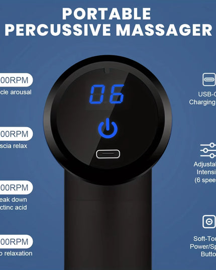 Portable Fascial Massage Gun Electric Percussion Pistol Massager Body Relaxation with LED Touch Screen 4Replaceable Massage Head