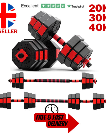 Premium Adjustable Dumbbell and Barbell Set, 20kg/30kg/40kg, Connector Bar Included