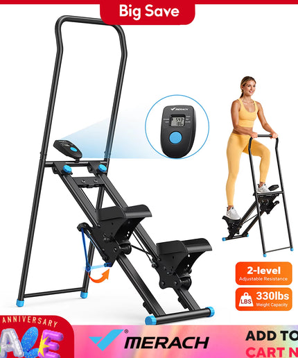 MERACH Stair Stepper Vertical Climber for Home Gym – Folding Full-Body Cardio Exercise Machine with Adjustable Handlebars, Extended Step Range & LCD Monitor