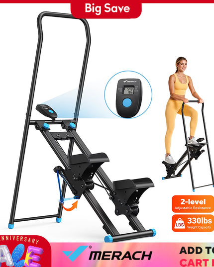 MERACH Stair Stepper Vertical Climber for Home Gym – Folding Full-Body Cardio Exercise Machine with Adjustable Handlebars, Extended Step Range & LCD Monitor