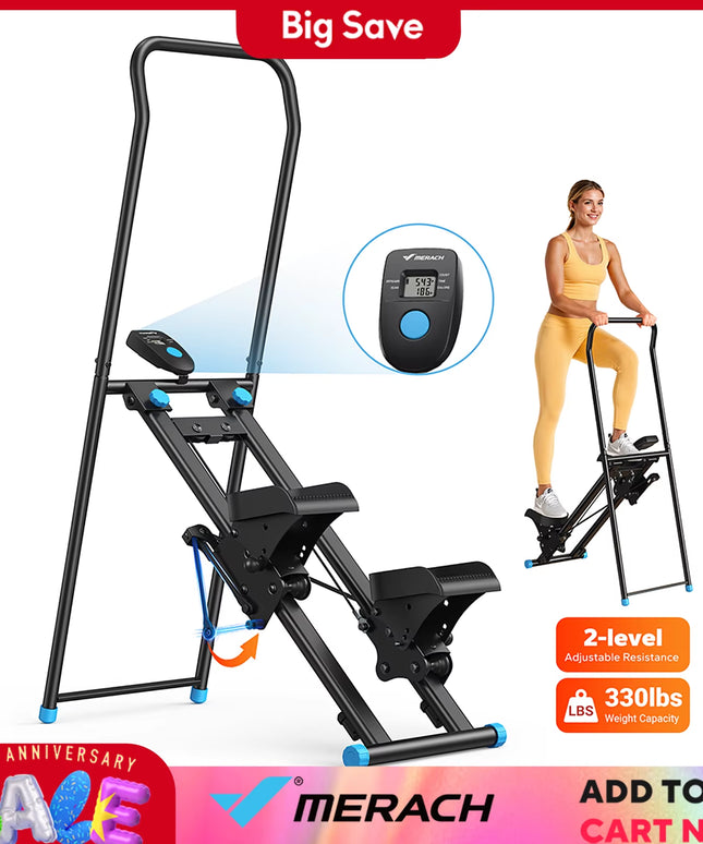 MERACH Stair Stepper Vertical Climber for Home Gym – Folding Full-Body Cardio Exercise Machine with Adjustable Handlebars, Extended Step Range & LCD Monitor