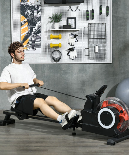 Water Rowing Machine, Foldable Rower with Wheels and LCD Monitor, Black