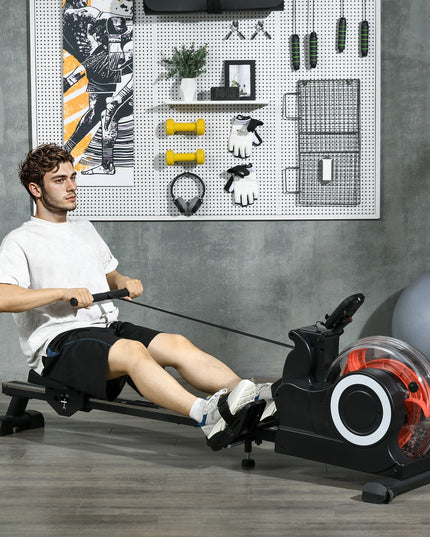 Water Rowing Machine, Foldable Rower with Wheels and LCD Monitor, Black