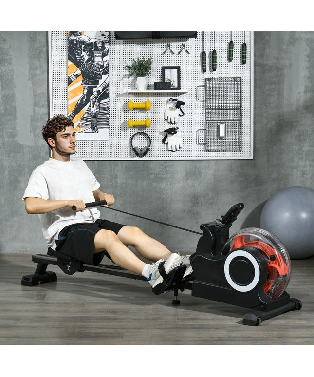 Water Rowing Machine, Foldable Rower with Wheels and LCD Monitor, Black