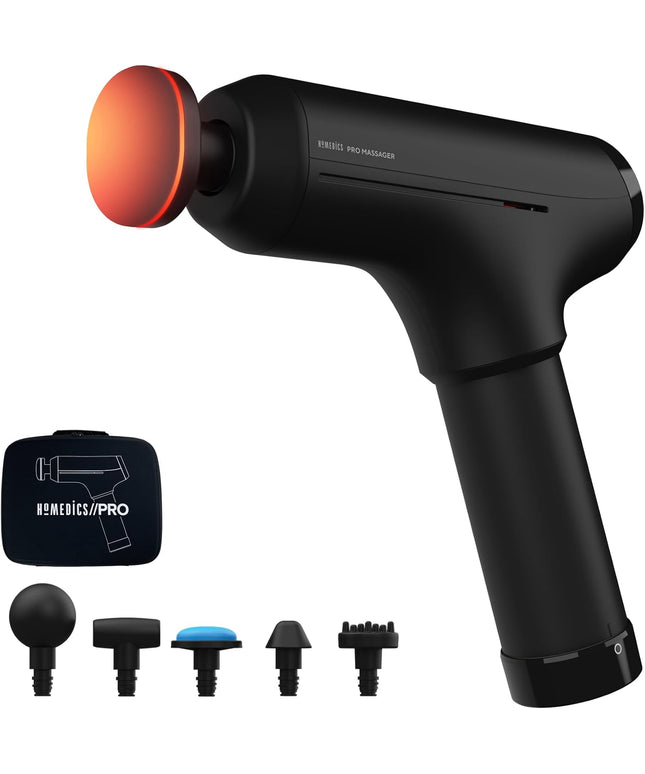 Homedics Pro Power Physiotherapy Massage Gun – Deep Tissue Percussion Massager with Heated Head, 6 Attachments, Cordless & Rechargeable