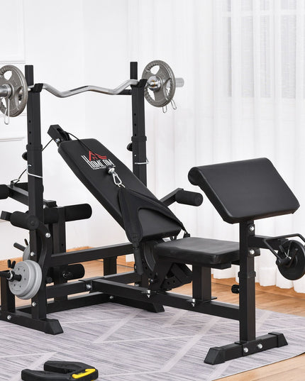 Weight Bench, 6 in 1 Adjustable Bench Press W/ Leg Extension, Barbell Rack
