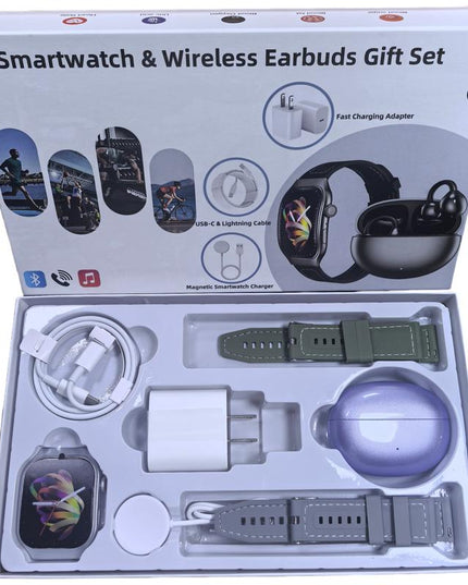 Upgraded Smartwatch Gift Set – Bluetooth Earbuds, Wall Charger, USB Cable, Wireless Watch Charger & 2 Bands | Everyday Wearable Essentials Bundle for Men & Women