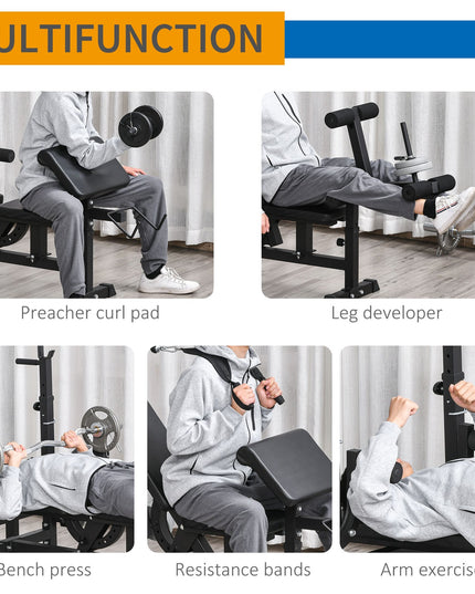 Weight Bench, 6 in 1 Adjustable Bench Press W/ Leg Extension, Barbell Rack