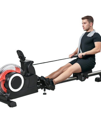 Water Rowing Machine, Foldable Rower with Wheels and LCD Monitor, Black