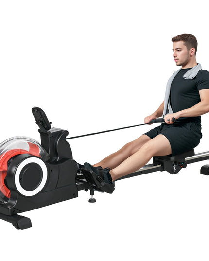 Water Rowing Machine, Foldable Rower with Wheels and LCD Monitor, Black