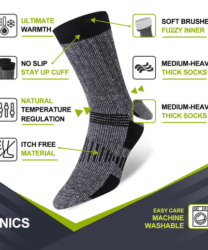 3 Pairs Unisex Merino Wool Blend Thermal Crew Socks – Thick Winter Work and Hiking Socks
