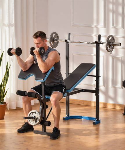 Adjustable Weight Bench Press Station with Barbell Rack, Steel Frame, 200kg Capacity