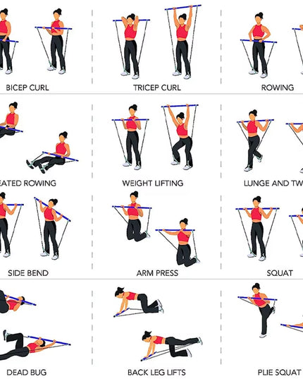 Multifunctional Pilates Bar Combination Fitness Bar Yoga Chest Expansion Tension Rope Back Trainer Elastic Rope Stretching Belt