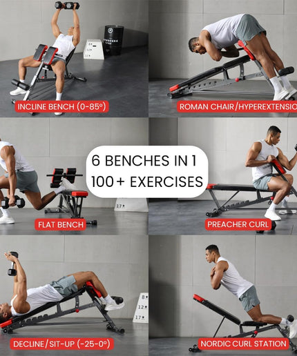Finer Form Multi-Functional FID Weight Bench for Full All-In-One Body Workout – Hyper Back Extension, Roman Chair, Adjustable Ab Sit up Bench, Incline Decline Bench, Flat Bench