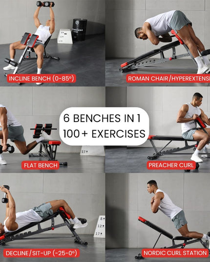 Finer Form Multi-Functional FID Weight Bench for Full All-In-One Body Workout – Hyper Back Extension, Roman Chair, Adjustable Ab Sit up Bench, Incline Decline Bench, Flat Bench