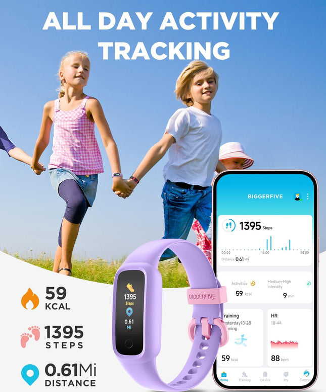 BIGGERFIVE Vigor 2 L Kids Fitness Tracker Watch for Boys Girls Ages 5-15, Activity Tracker, Heart Rate Sleep Monitor, IP68 Waterproof, Pedometer, Calorie Step Counter Watch, Lilac