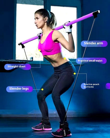 Pilates Stick - Adjustable Fitness Bar for Home Workout, Yoga, Stretching & Toning - Portable Exercise Rod with Elastic Bands