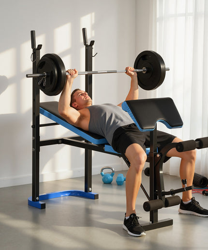Adjustable Weight Bench Press Station with Barbell Rack, Steel Frame, 200kg Capacity
