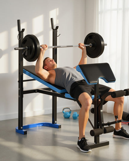 Adjustable Weight Bench Press Station with Barbell Rack, Steel Frame, 200kg Capacity