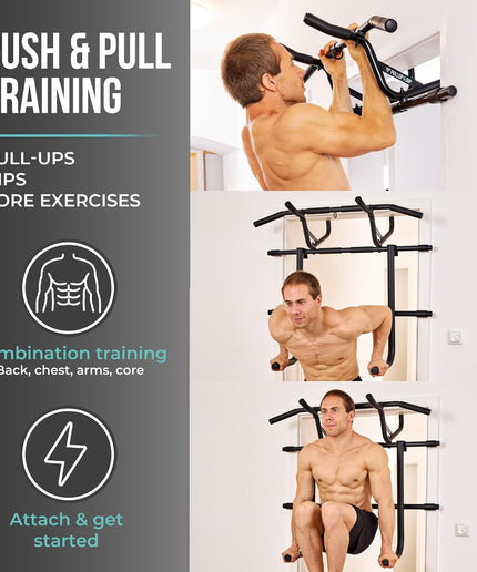PULLUP & DIP 2-in-1 Door-Frame Pull-Up Bar and Adjustable Dip Station – No Drilling, Up to 110kg