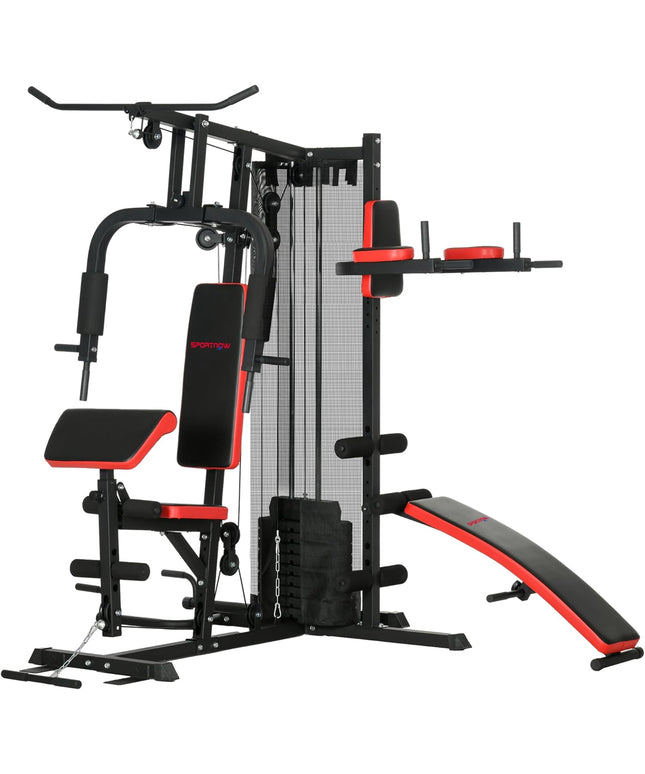 SPORTNOW All-in-One Multi Gym Workout Station – 65kg Weight Stack Home Gym with Sit-Up Bench, Push-Up & Dip Station for Full-Body Strength Training
