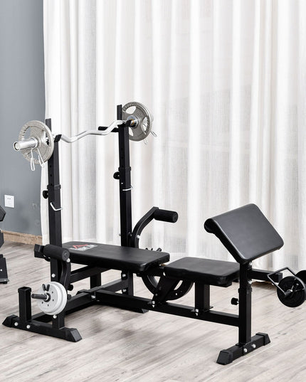 Weight Bench, 6 in 1 Adjustable Bench Press W/ Leg Extension, Barbell Rack