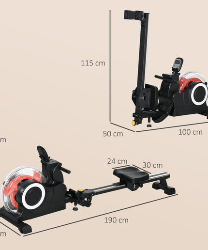 Water Rowing Machine, Foldable Rower with Wheels and LCD Monitor, Black