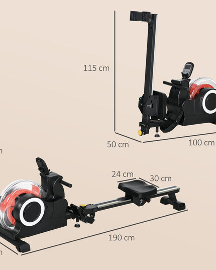 Water Rowing Machine, Foldable Rower with Wheels and LCD Monitor, Black