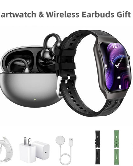 Upgraded Smartwatch Gift Set – Bluetooth Earbuds, Wall Charger, USB Cable, Wireless Watch Charger & 2 Bands | Everyday Wearable Essentials Bundle for Men & Women