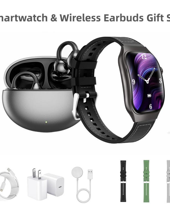 Upgraded Smartwatch Gift Set – Bluetooth Earbuds, Wall Charger, USB Cable, Wireless Watch Charger & 2 Bands | Everyday Wearable Essentials Bundle for Men & Women