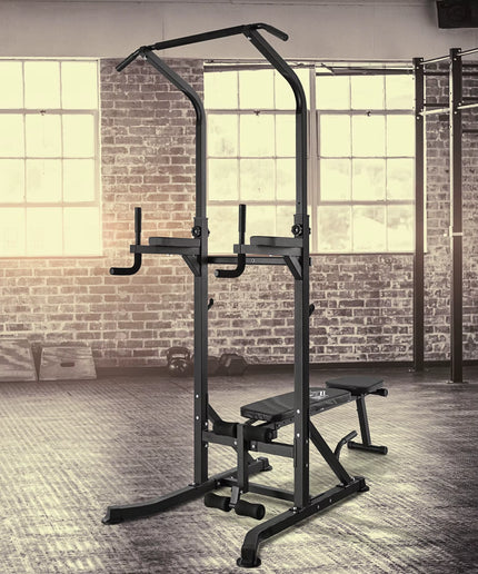 HOMCOM Multi-Function Power Tower – Pull-Up Station with Adjustable Weight Bench, Dip Station & Barbell Rack – Free Standing Gym Equipment