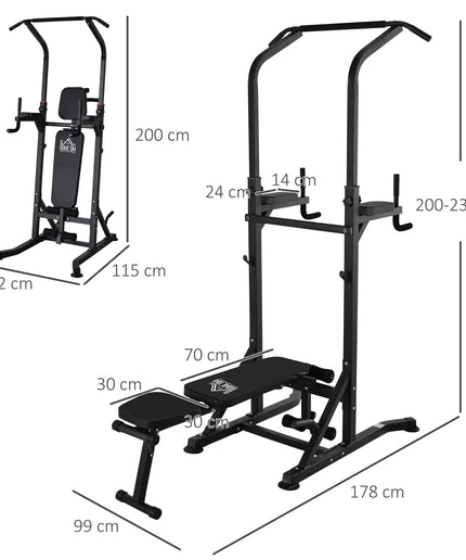HOMCOM Multi-Function Power Tower – Pull-Up Station with Adjustable Weight Bench, Dip Station & Barbell Rack – Free Standing Gym Equipment