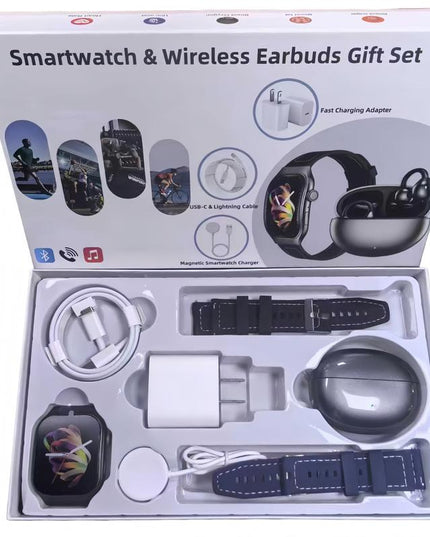 Upgraded Smartwatch Gift Set – Bluetooth Earbuds, Wall Charger, USB Cable, Wireless Watch Charger & 2 Bands | Everyday Wearable Essentials Bundle for Men & Women