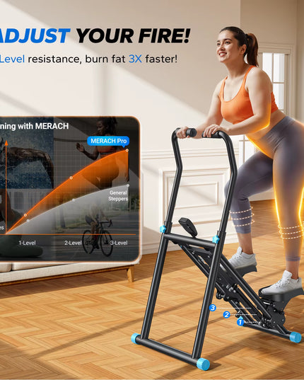 MERACH Stair Stepper New Version Vertical Compact Folding Exercise Climber with Extended Step Range Adjustable Handlebar&Pedals