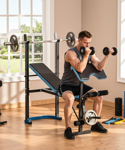 Adjustable Weight Bench Press Station with Barbell Rack, Steel Frame, 200kg Capacity