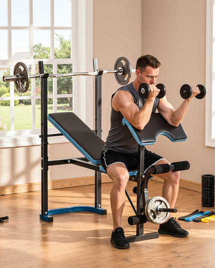 Adjustable Weight Bench Press Station with Barbell Rack, Steel Frame, 200kg Capacity