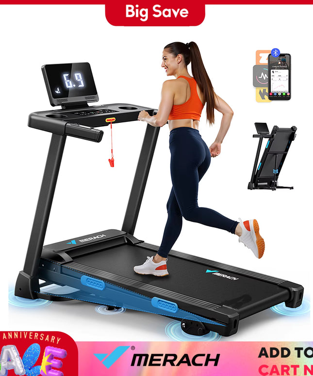 MERACH Foldable Treadmill T12 Incline 0.8-12Km/H Walking Pad save Space LED Display APP Heart Rate Monitoring 16.5" Wider Belt