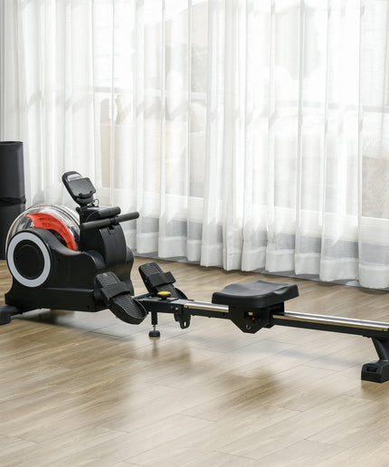 Water Rowing Machine, Foldable Rower with Wheels and LCD Monitor, Black
