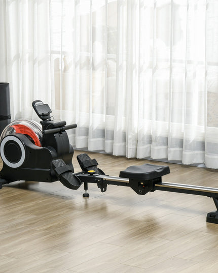 Water Rowing Machine, Foldable Rower with Wheels and LCD Monitor, Black