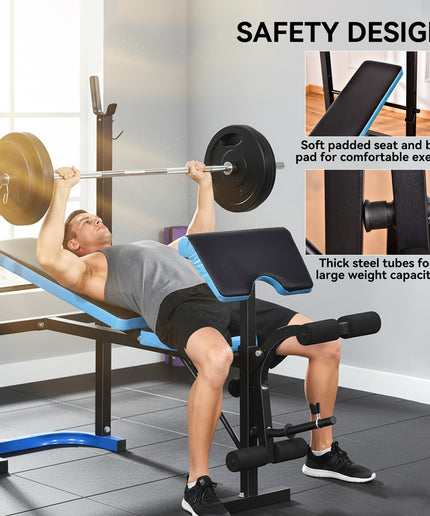 Adjustable Weight Bench Press Station with Barbell Rack, Steel Frame, 200kg Capacity