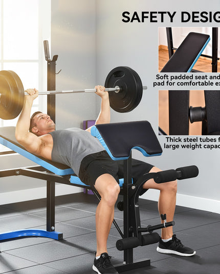 Adjustable Weight Bench Press Station with Barbell Rack, Steel Frame, 200kg Capacity
