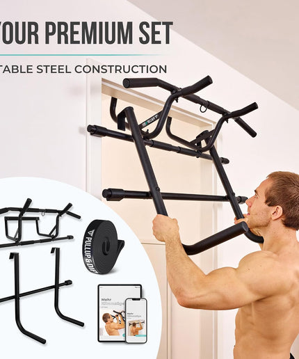 PULLUP & DIP 2-in-1 Door-Frame Pull-Up Bar and Adjustable Dip Station – No Drilling, Up to 110kg