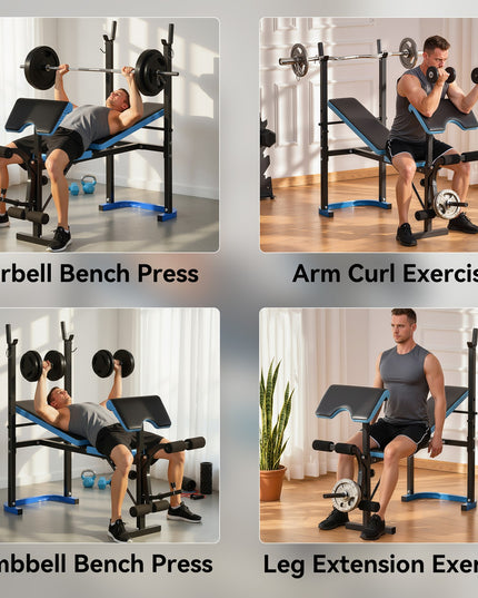 Adjustable Weight Bench Press Station with Barbell Rack, Steel Frame, 200kg Capacity