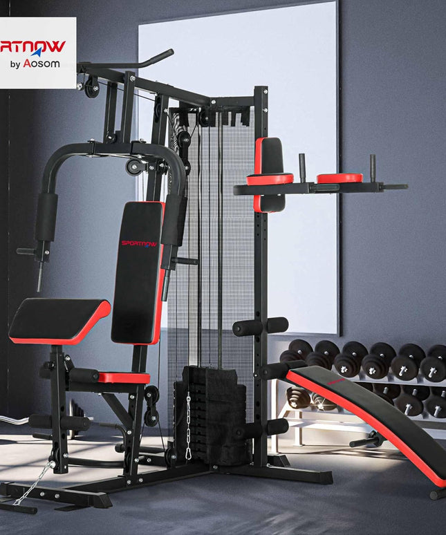 SPORTNOW All-in-One Multi Gym Workout Station – 65kg Weight Stack Home Gym with Sit-Up Bench, Push-Up & Dip Station for Full-Body Strength Training